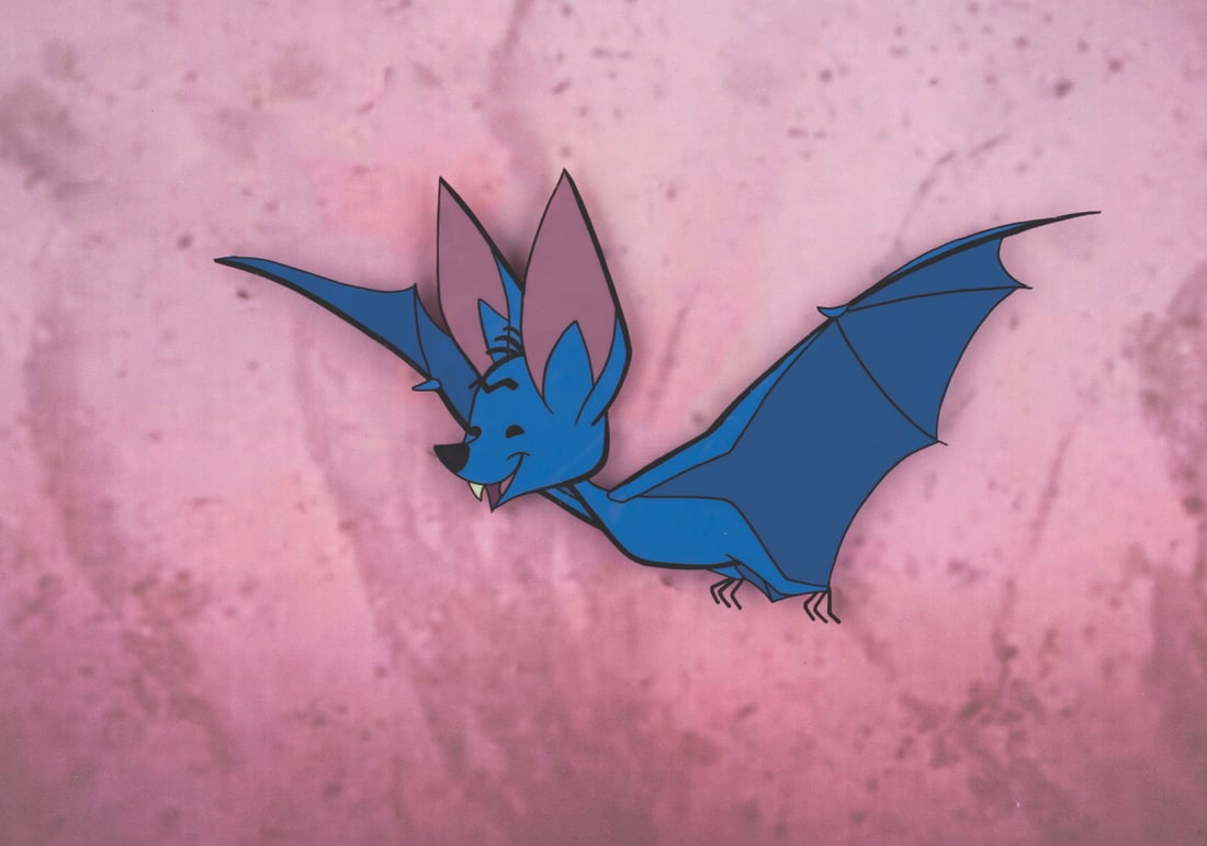 A "You and Your Eyes" Production Cel.: (Disney, 1956) An original production cel of a bat from "The Mickey Mouse Club" educational segment "You and Your Eyes," with a color copy background. The bat has an image size of 4" x 7" on an 8.5"