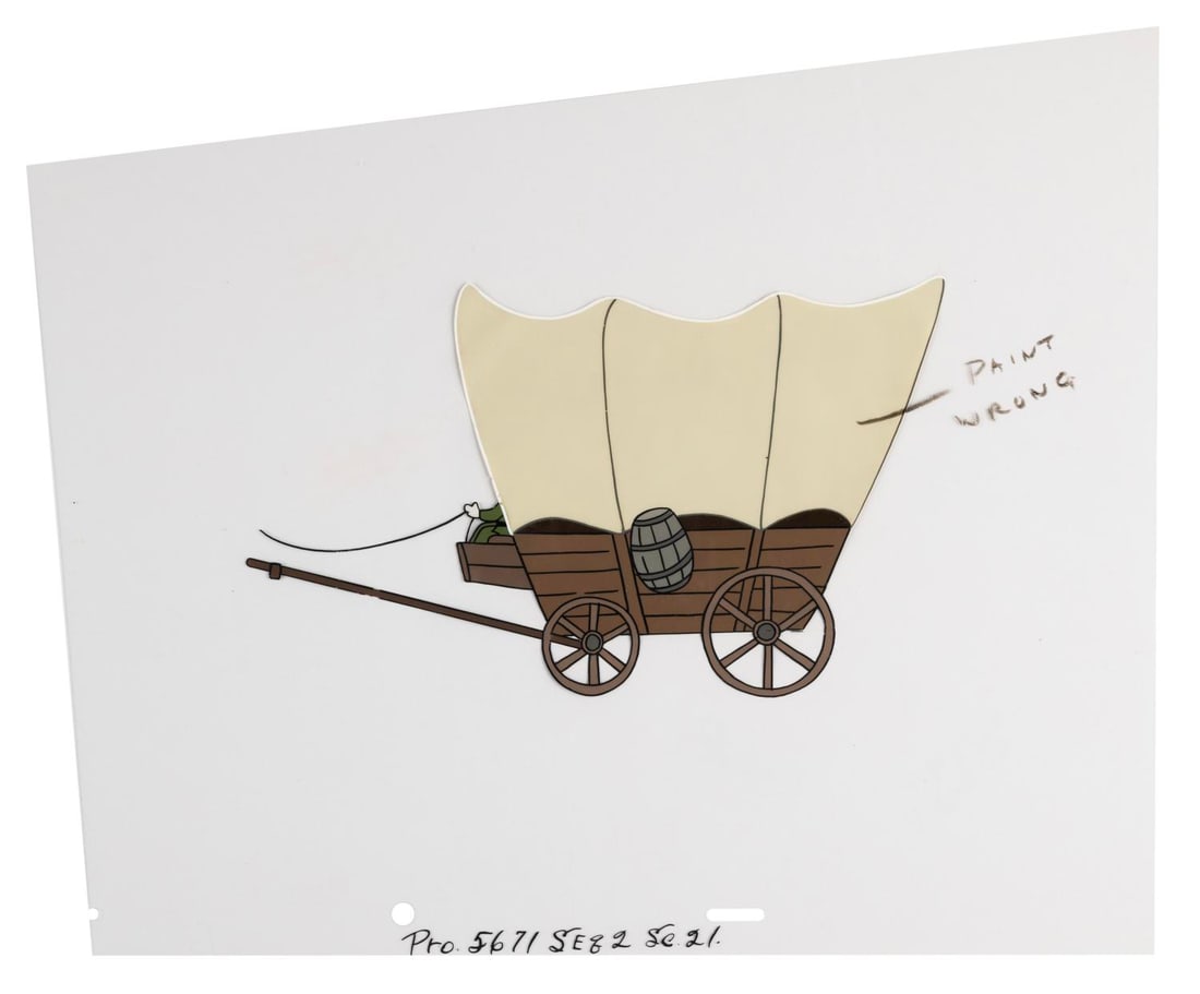 A "Your Host, Donald Duck" Wagon Production Cel.: (Disney, 1957) An original production cel of Grandpa Rufus Duck's covered wagon from the Disneyland TV series episode "Your Host, Donald Duck." With a character image size of 4.5" x 7.5", the cel has 