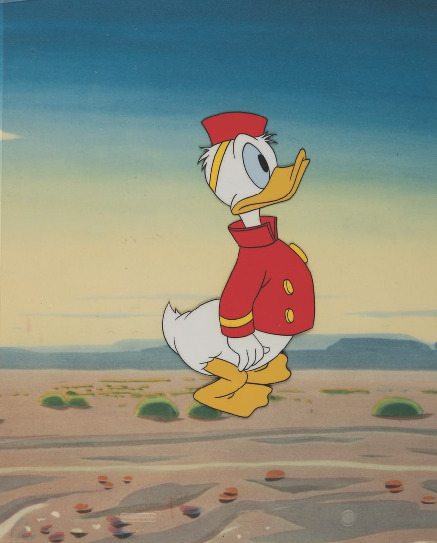 A "Duck for Hire" Production Cel.: (Disney, 1957) An original "Duck for Hire" animation cel from the "Disneyland" television show in which Donald Duck quits Disney and strikes out to find alternate employment. Splicing together element
