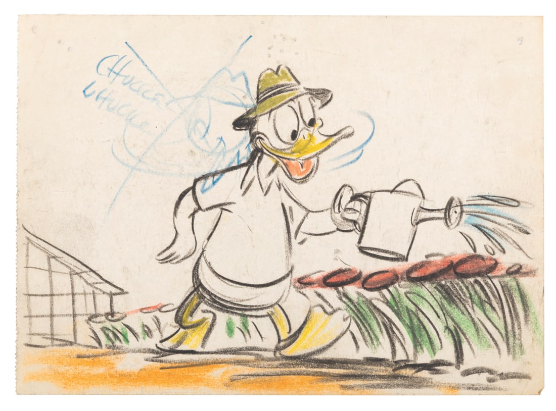 A Donald Duck Storyboard Panel.: (Disney, 1950s) A storyboard panel featuring Donald Duck in his garden with a watering can. Measuring 5.75" x 8", the crayon and grease pencil drawing is in good condition with smudges and pinholes