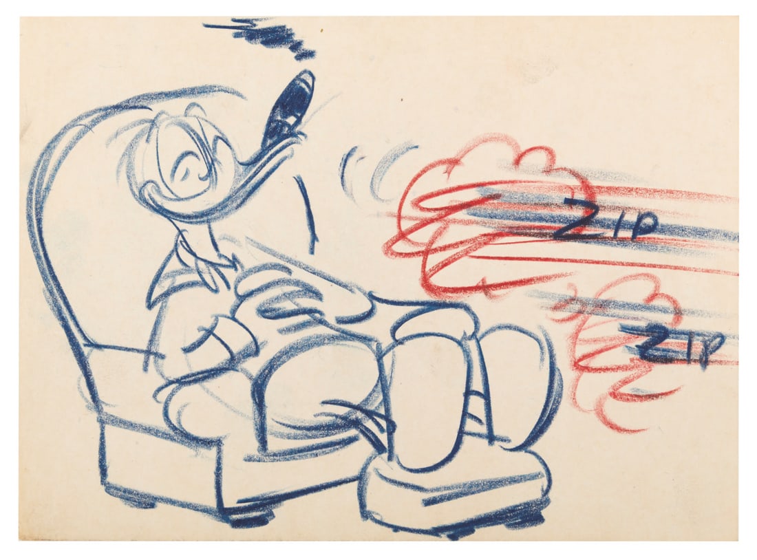 An Original Donald Duck Storyboard Drawing.: (Disney, 1950s) An original storyboard drawing of Donald Duck from a 1950s production. Accomplished in pastel, the entire piece measures 8" x 6" and is in very good condition, with expected wear from