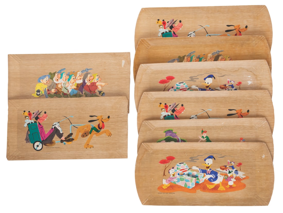 A Set of Disney-Themed Hasko Trays.: (Hasko Trays Inc., 1950s-60s) A set of eight Disney-themed trays by Hasko Trays Inc. Included are trays featuring characters from "Peter Pan," and "Snow White and the Seven Dwarfs," as well as Goofy