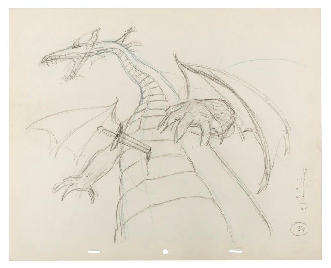 A "Sleeping Beauty" Maleficent Dragon Production Drawing.: (Disney, 1959) An original key production drawing from "Sleeping Beauty." The drawing depicts Maleficent in her dragon form at the climactic moment when Prince Phillip's sword pierces her chest, one o