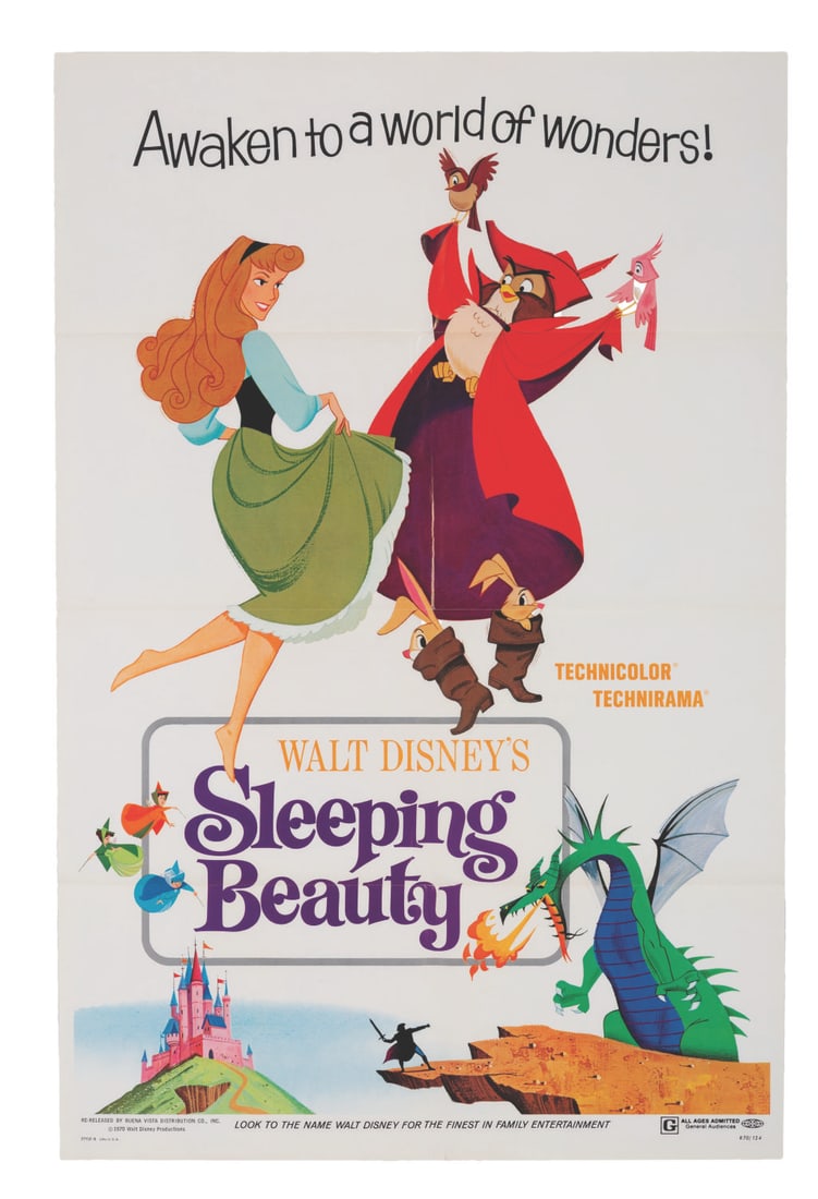 A "Sleeping Beauty" 1970 Re-Release One-Sheet.: (Disney, 1970) A style-B one-sheet for the 1970 re-release of Walt Disney's "Sleeping Beauty." Measuring 27" x 41", the poster is in very good condition with light creasing along the fold lines and a