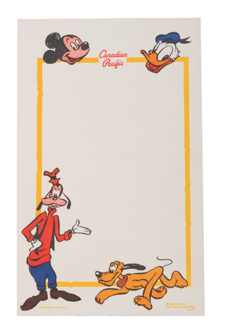 Canadian Pacific Railway Disney Stationery.: (Canadian Pacific Railway, 1950s-60s) A note card from the Canadian Pacific Railway featuring Disney characters. Measuring 5" x 8", the card is in fine condition with a pencil mark on the back.