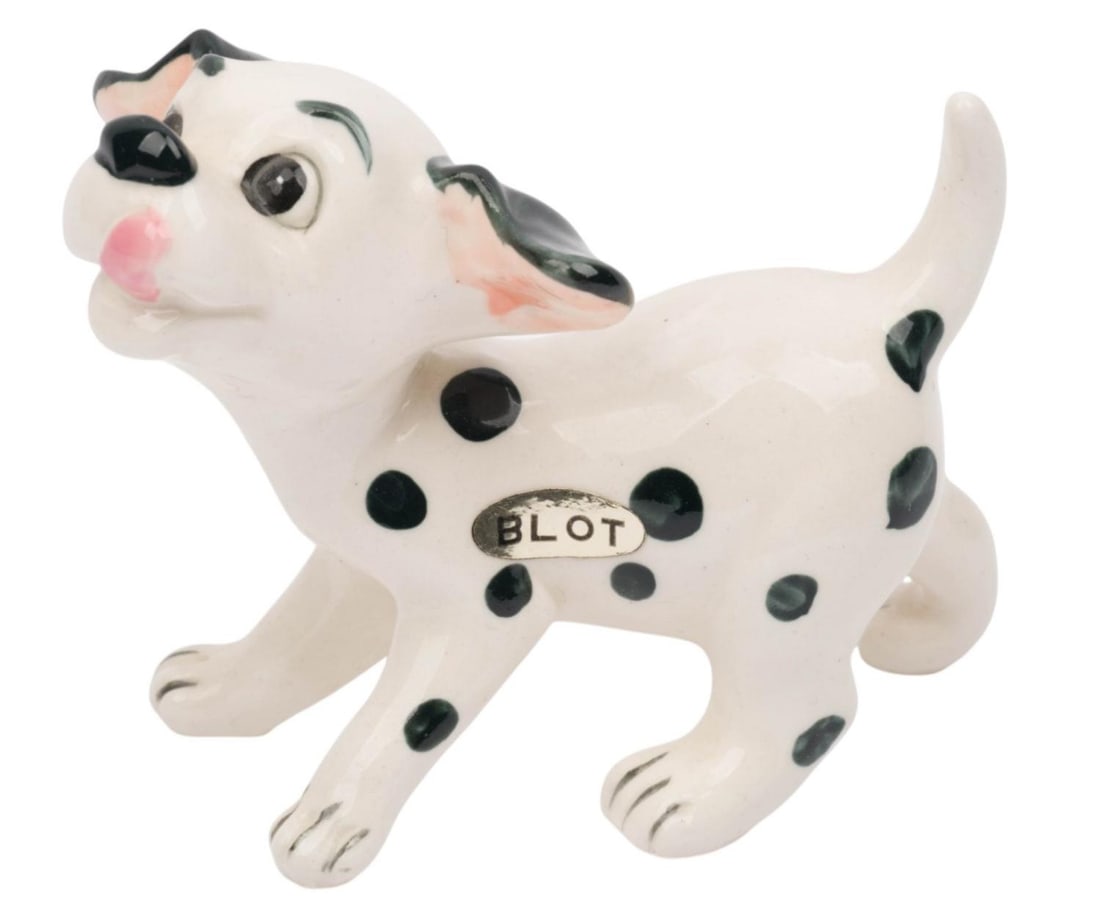 A "One Hundred and One Dalmatians" Blot Ceramic Figurine.: (Enesco, 1960s) A ceramic figurine of puppy Blot from "One Hundred and One Dalmatians." Figurines like this were produced by Enesco and sold as souvenirs at Disneyland Park during the 1960s.