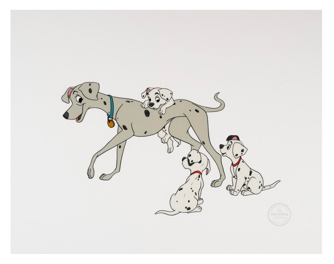 A "One Hundred and One Dalmatians" Sericel.: (Disney, 1990s) An original limited edition sericel inspired by Walt Disney's 1961 animated film "One Hundred and One Dalmatians." Depicting Perdita and three puppies, this was released in a limited