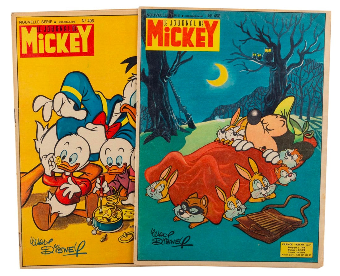 A Pair of Le Journal De Mickey Magazines.: (Disney, 1961) Two issues of Le Journal de Mickey, a French-language magazine featuring Disney comics and puzzles. Each measuring 9" x 12.5", the 32-page newsprint paper magazines are in very good