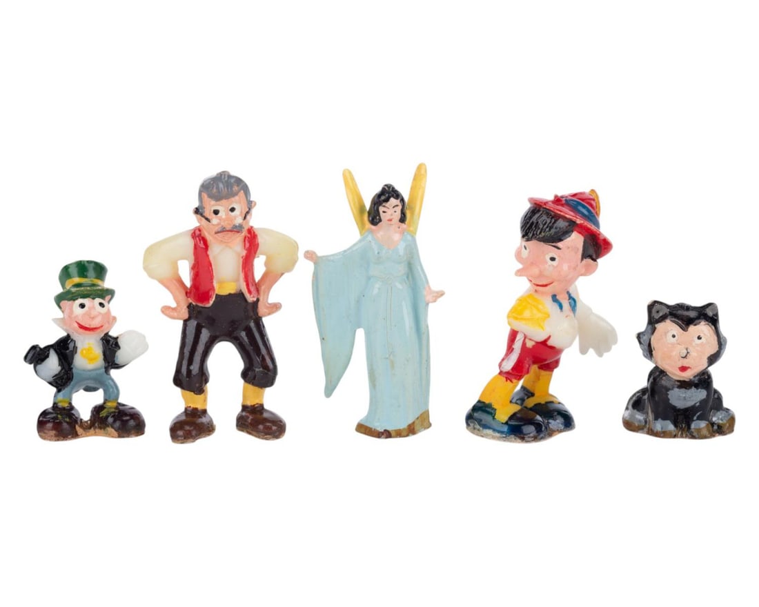 A Set of "Pinocchio" Disneykins.: (Marx, 1960s) A set of 5 original Disneykins miniature figurines featuring the Blue Fairy, Figaro, Pinocchio, Jiminy Cricket, and Geppetto, from the Disney Studios animated classic "Pinocchio." Each s