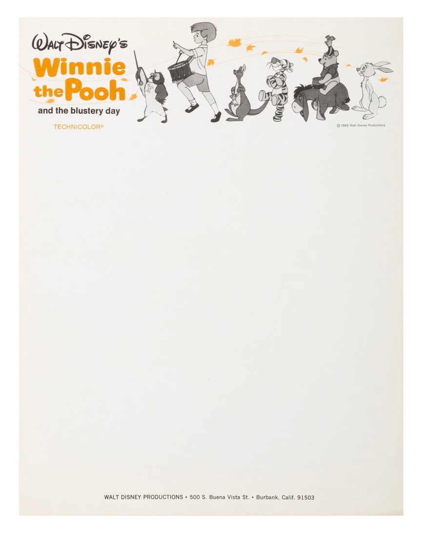 A Page of "Winnie the Pooh and the Blustery Day" Stationery.: (Disney, 1968) A page of stationery for Walt Disney Productions' film "Winnie the Pooh and the Blustery Day," used only for correspondence during the production. Measuring 8.5" x 11", the stationery