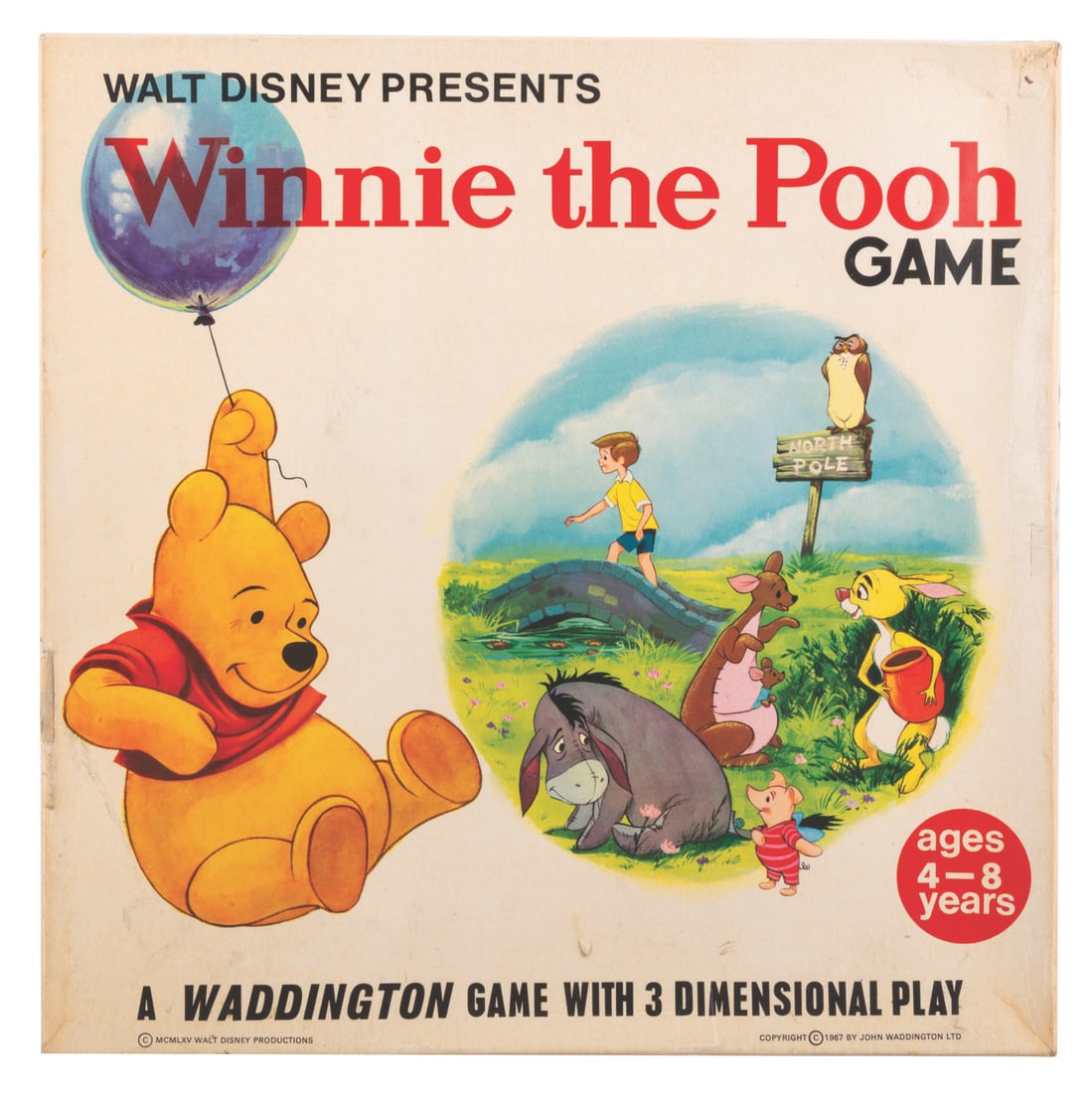 A 1967 British Winnie the Pooh Board Game.: (Weddington 1967) A Winnie the Pooh board game. This UK release game features cardboard structures and character silhouette figures. Measuring 14.5" x 14.5" the box itself is in good condition with no