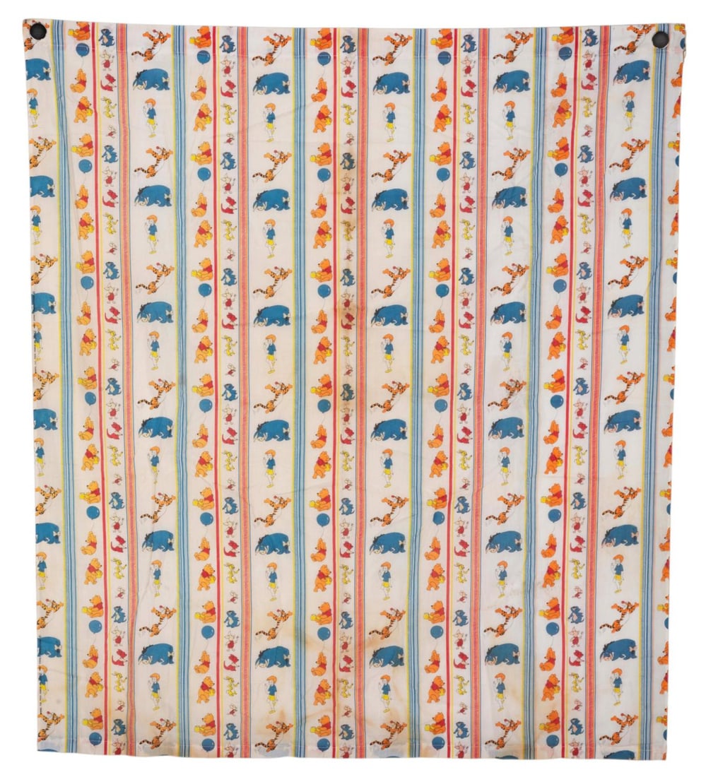 A Pair of Winnie the Pooh Curtains.: (Sears, 1970s) An original pair of curtains inspired by the Disney Studios animated adaptation of Winnie the Pooh, with vibrant illustrations of Winnie, Piglet, Tigger, Christopher Robin, and Eeyore.