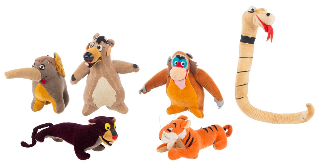 A Set of Original 1966 Gund "The Jungle Book" Dolls.: (Gund, 1966) A rare set of six Jungle Book plush dolls including Shere Khan, Kaa, Baloo, King Louie, Bagheera, and Colonel Hathi. Manufactured by Gund in 1966, the dolls were part of a mail-in