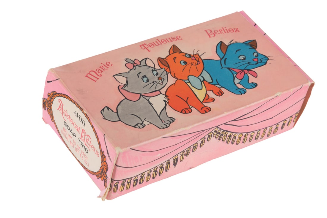An Aristocats Kittens Soap Set.: (Avon, 1970s) A set of three figural soaps of the kittens Marie, Berlioz, and Toulouse from "The Aristocats." The soaps are in very good unused condition, with the box in good condition showing edge