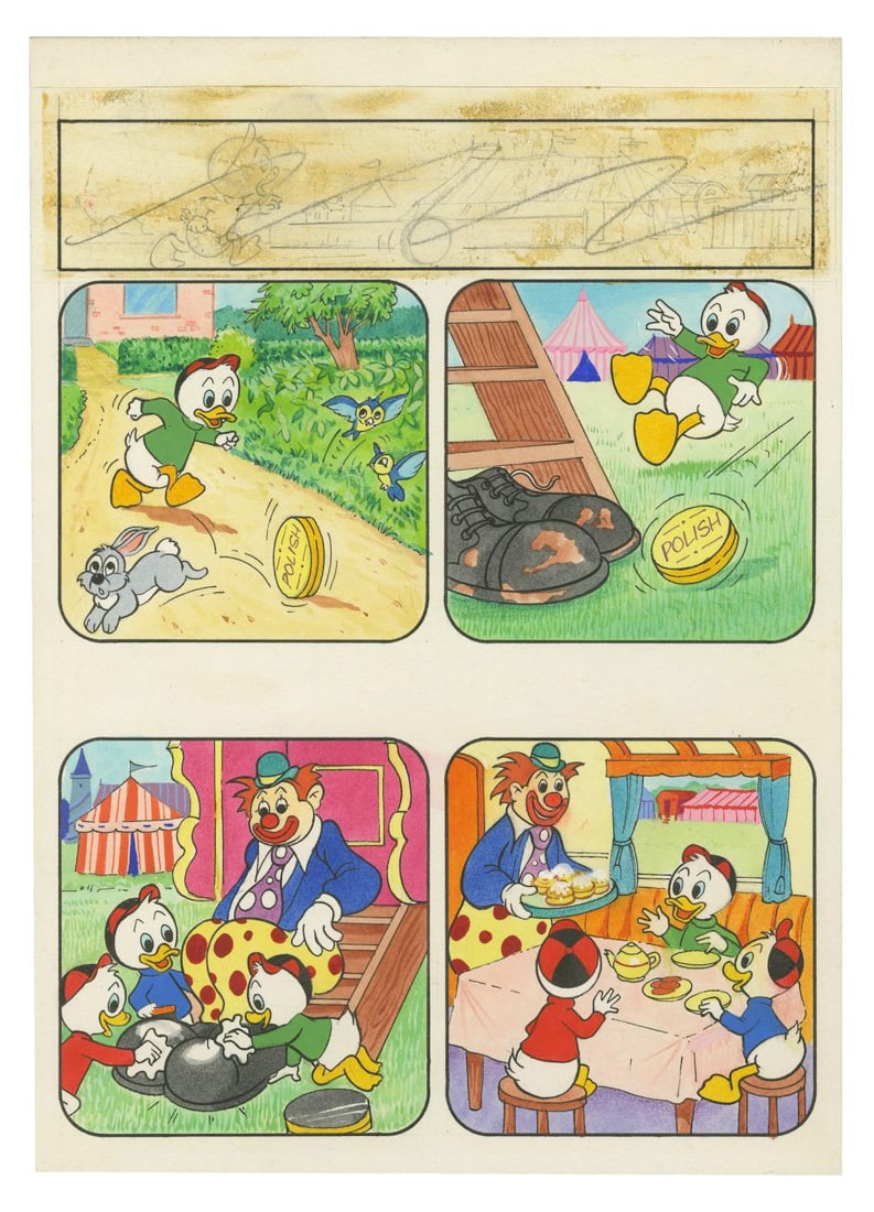 Huey, Dewey, and Louie Original Magazine Artwork.: (Disney, 1970s) An original painting featuring Donald's nephews created for a magazine. Accomplished in acrylic on art board, the painting shows four panels of Huey, Dewey, and Louie with a gag of