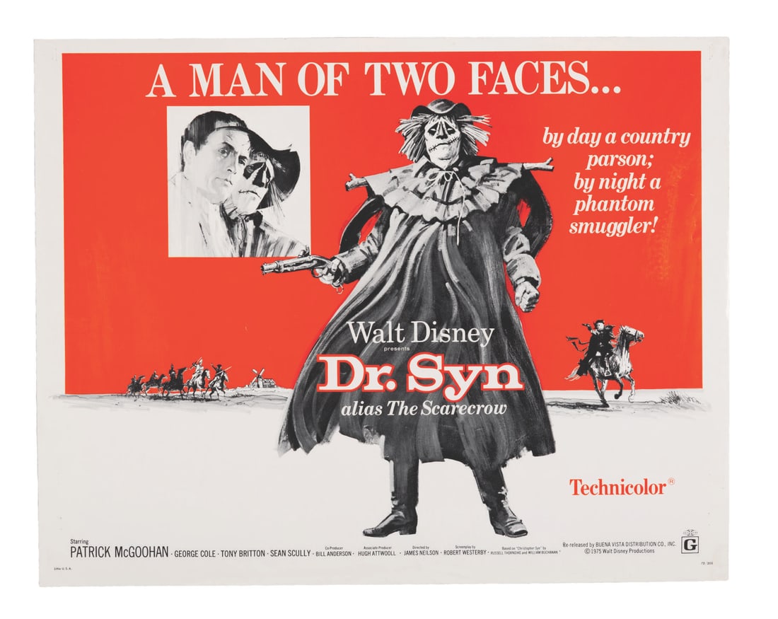A "Dr. Syn, Alias the Scarecrow" Half-Sheet.: (Disney, 1972) A half-sheet for the 1972 re-release of the 1963 adventure film "Dr. Syn, Alias the Scarecrow" starring Patrick McGoohan. Measuring 22" x 28", the poster is in good condition with light