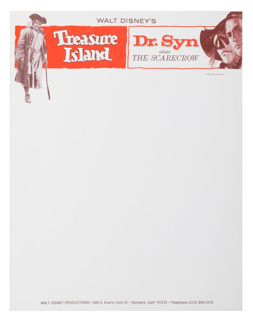 A Sheet of "Treasure Island" and "Dr. Syn" Stationery.: (Disney, 1950/63) A Walt Disney Productions stationery page themed for "Treasure Island" and "Dr. Syn Alias The Scarecrow." Measuring 8.5" x 11", the page is in fine condition.