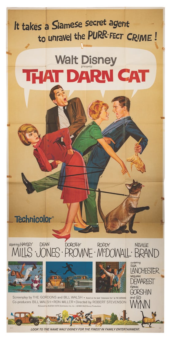 A "That Darn Cat" Three-Sheet Poster.: (Disney, 1973) A rare, large original three-sheet poster for the 1973 re-release of Walt Disney Productions' "That Darn Cat." Measuring 84" x 44", the poster is in overall very good condition despite
