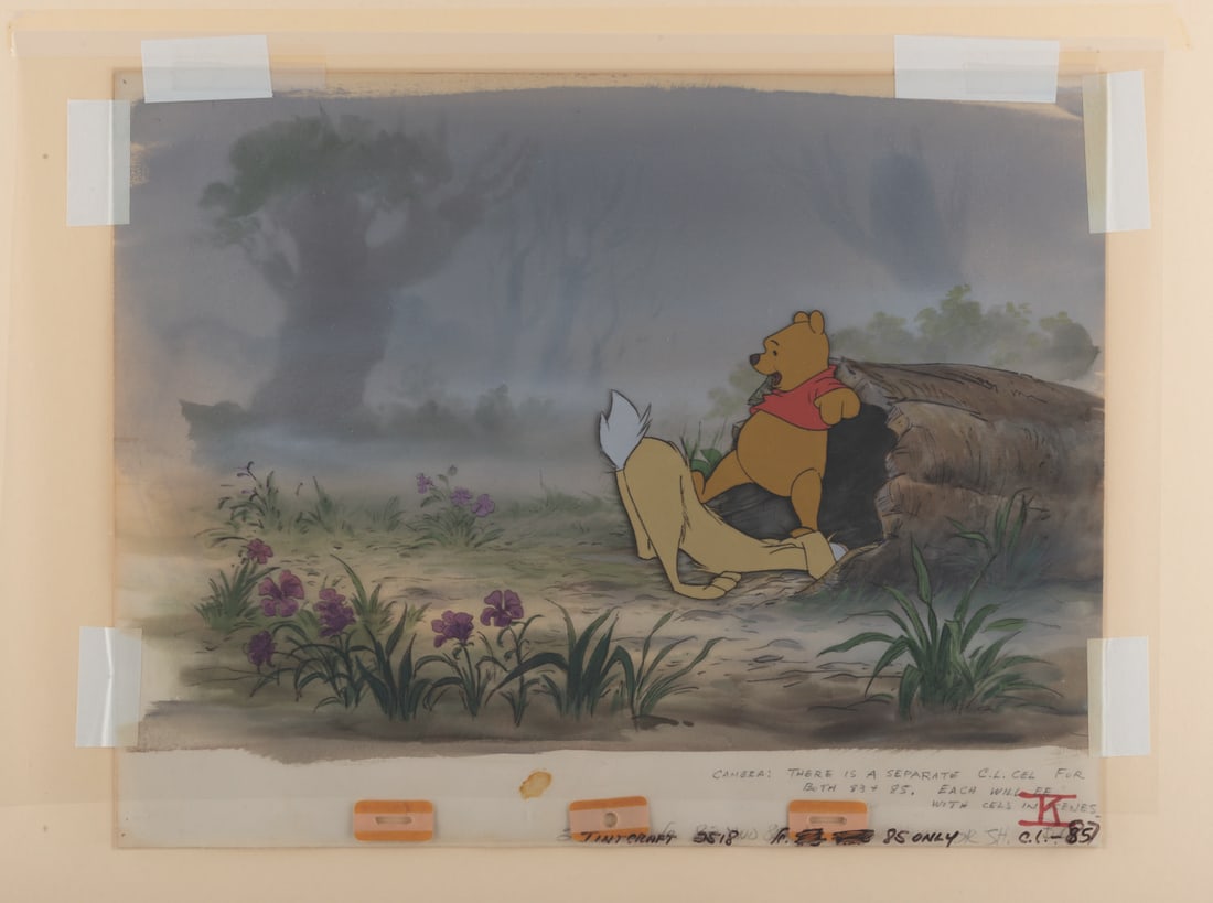 A "Winnie the Pooh and Tigger Too" Key Master Setup.: (Disney, 1974) An original key master setup from the Academy Award-nominated short "Winnie the Pooh and Tigger Too," consisting of a production cel, blackline cel overlay, and matching original