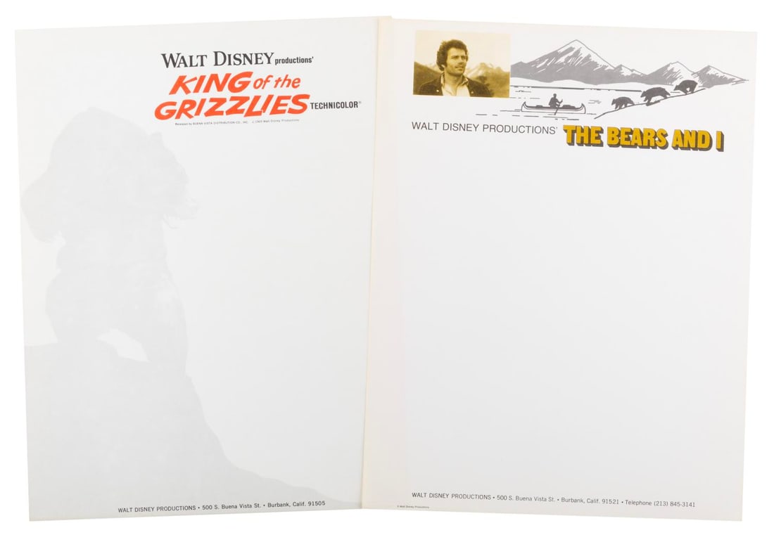 A Pair of Walt Disney Pictures Bear-Related Stationery.: (Disney, 1970/74) A pair of stationery pages for the films "King of the Grizzlies" and "The Bears and I," created and used only for correspondences during production. Measuring 8.5" x 11" each, the
