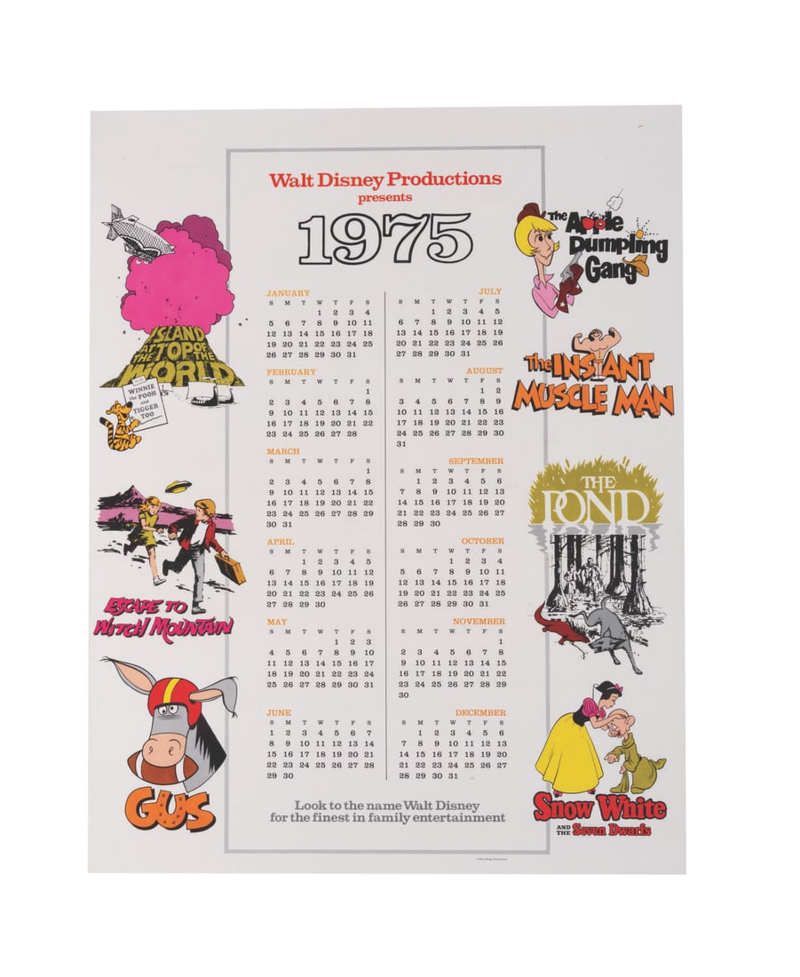 A Walt Disney Productions 1975 Releases Calendar.: (Disney, 1975) A Walt Disney Productions upcoming release calendar poster from 1975 promoting the Studio's new films, including "Winnie the Pooh and Tigger Too," "Escape to Witch Mountain," "Gus," and
