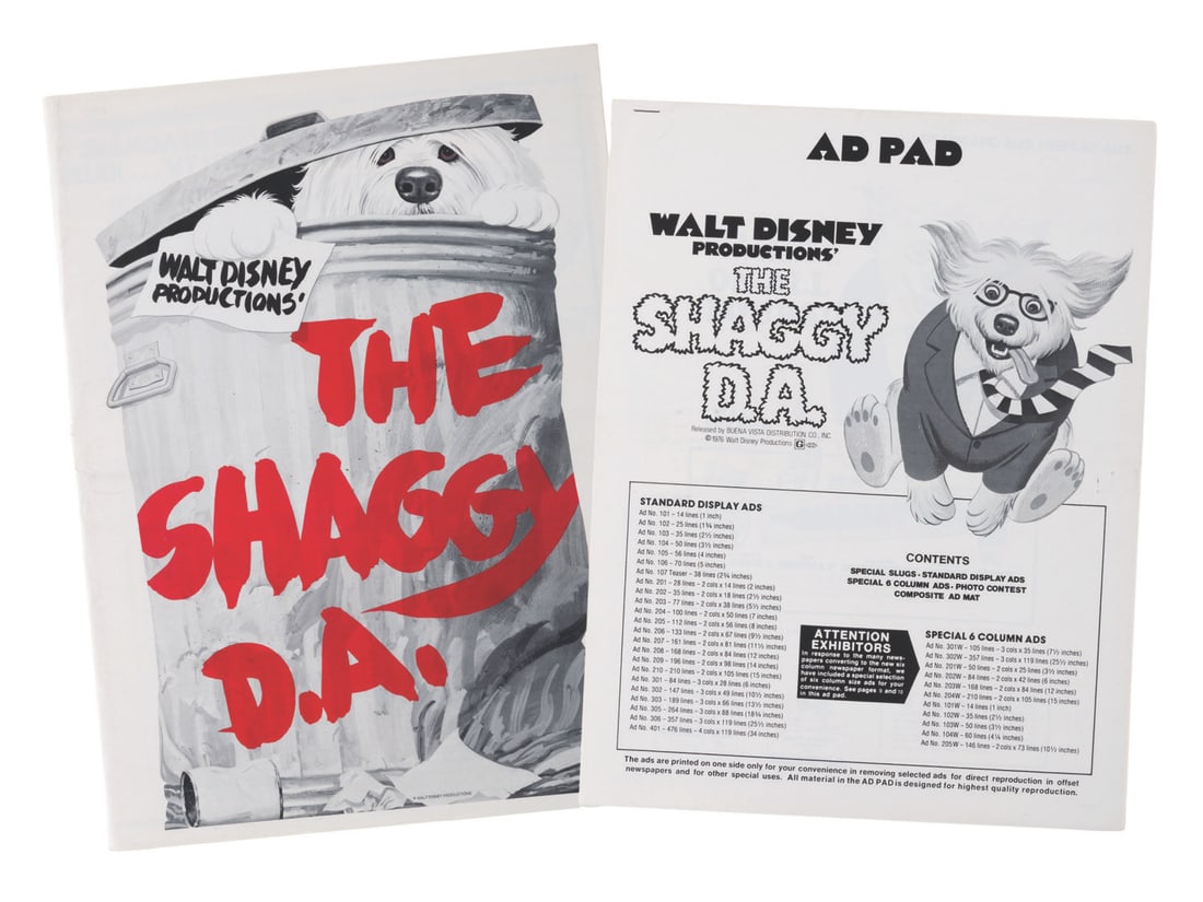 A "The Shaggy D.A." Pressbook and Ad Pad.: (Disney, 1976) A pressbook and Ad Pad for "The Shaggy D.A.", the long-awaited sequel to Disney's classic live-action film "The Shaggy Dog." The pressbook includes promotional stories and materials