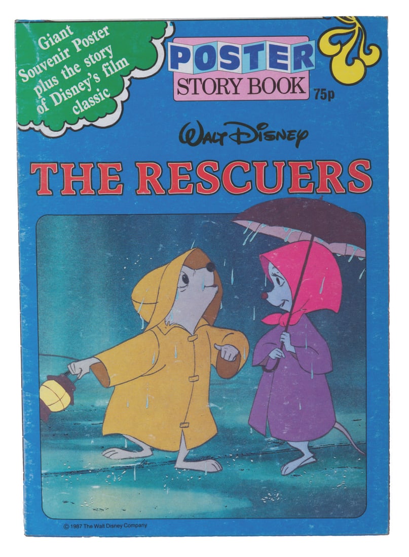 A "The Rescuers" Poster Storybook.: (Disney, 1987) A "The Rescuers" storybook that opens up to a 23.25" x 33" poster of characters from the film. Measuring 8.25" x 11.75", the storybook is in good condition with wear along original