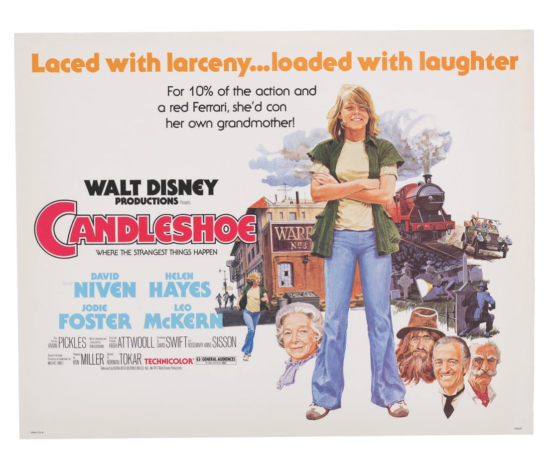 A "Candleshoe" Half-Sheet.: (Disney, 1977) A half-sheet for the Disney live-action feature "Candleshoe" starring a young Jodie Foster. Measuring 22" x 28", the poster is in very good condition with light scratches, creases, and
