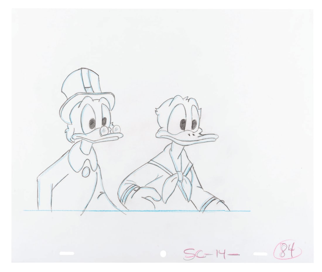 A Donald Duck and Scrooge McDuck Production Drawing.: (Disney, 1980s) An original production drawing of Scrooge McDuck and Donald Duck. This graphite and colored pencil art from a 1980s Disney television production marks a rare occurrence of the two