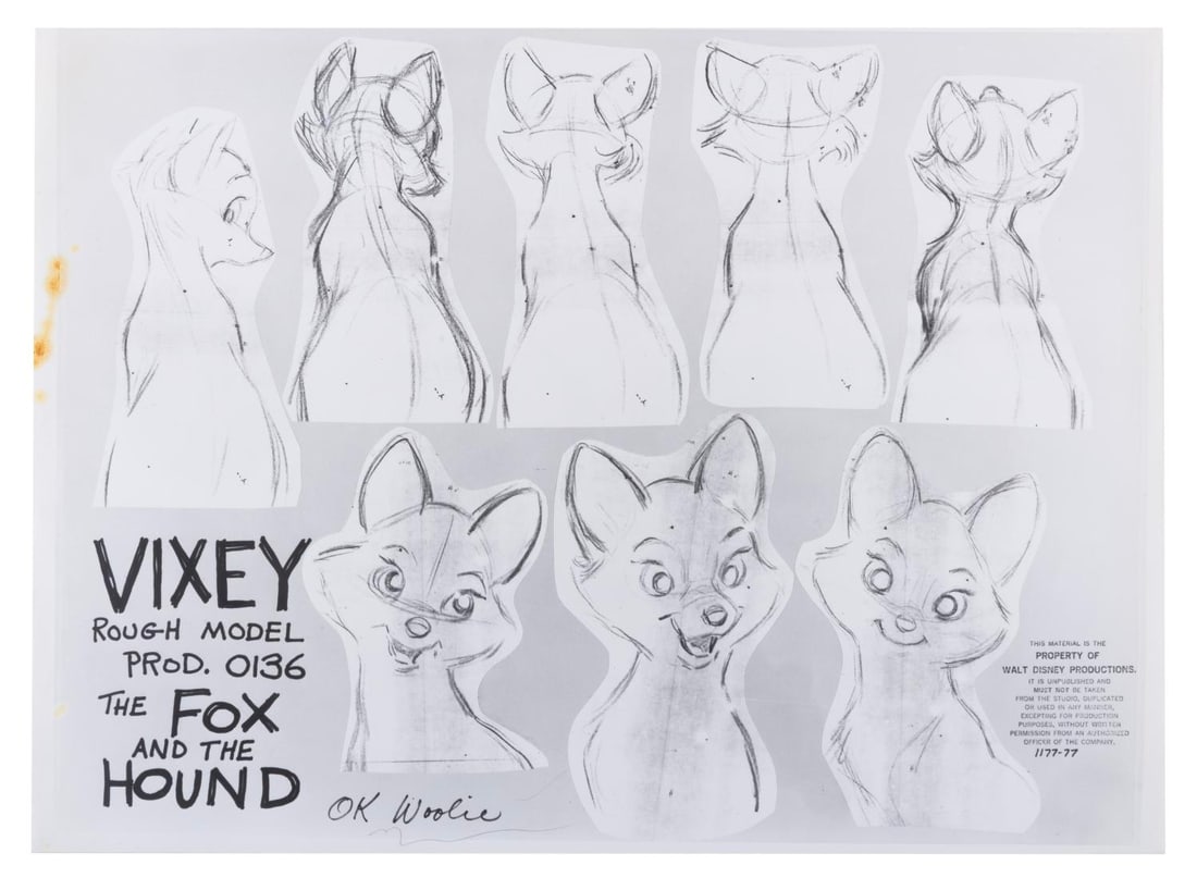 A Vixey "The Fox and the Hound" Model Sheet.: (Disney, 1981) An original photo print model sheet of Vixey from "The Fox and the Hound." Model sheets such as this were distributed to animators and crew working on the film to ensure character