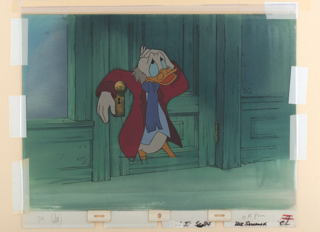 A "Mickey's Christmas Carol" Key Master Setup.: (Disney, 1983) An original key master setup of Scrooge McDuck as Ebenezer Scrooge from "Mickey's Christmas Carol," consisting of a production cel, blackline cel overlay, and matching original