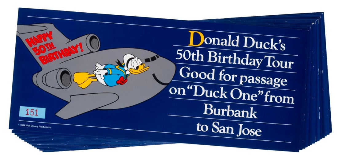 Donald Duck's 50th Birthday Set of Airline Ticket Vouchers.: (Disney, 1984) A set of 14 Donald Duck's 50th Birthday Airline ticket vouchers. Featuring a colorful image of Donald Duck on the side of a large airplane, each voucher was good for one leg of 'Duck