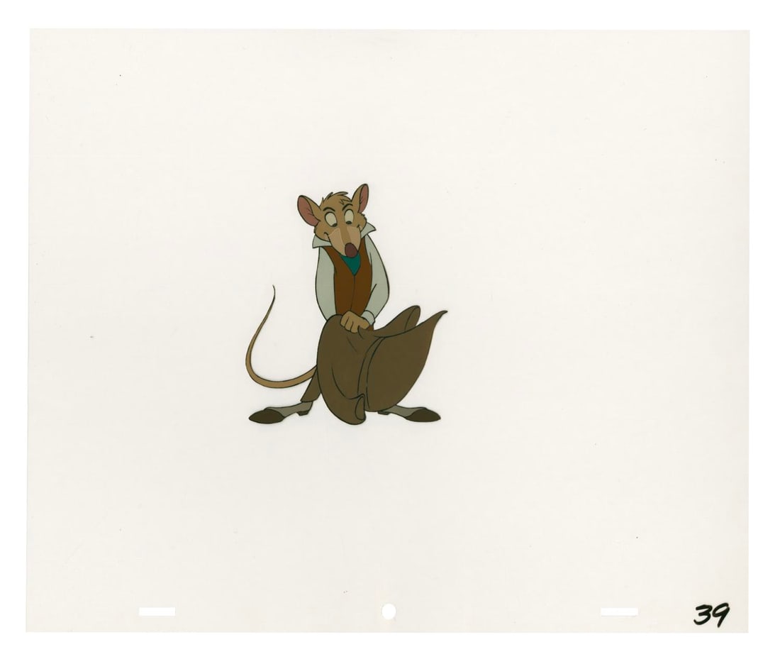 A "The Great Mouse Detective" Basil Production Cel.: (Disney, 1986) An original production cel of Basil from "The Great Mouse Detective." Basil has an image size of 4.5" x 3.5" on a 10.5" x 12.5" cel. The cel is in fine condition.