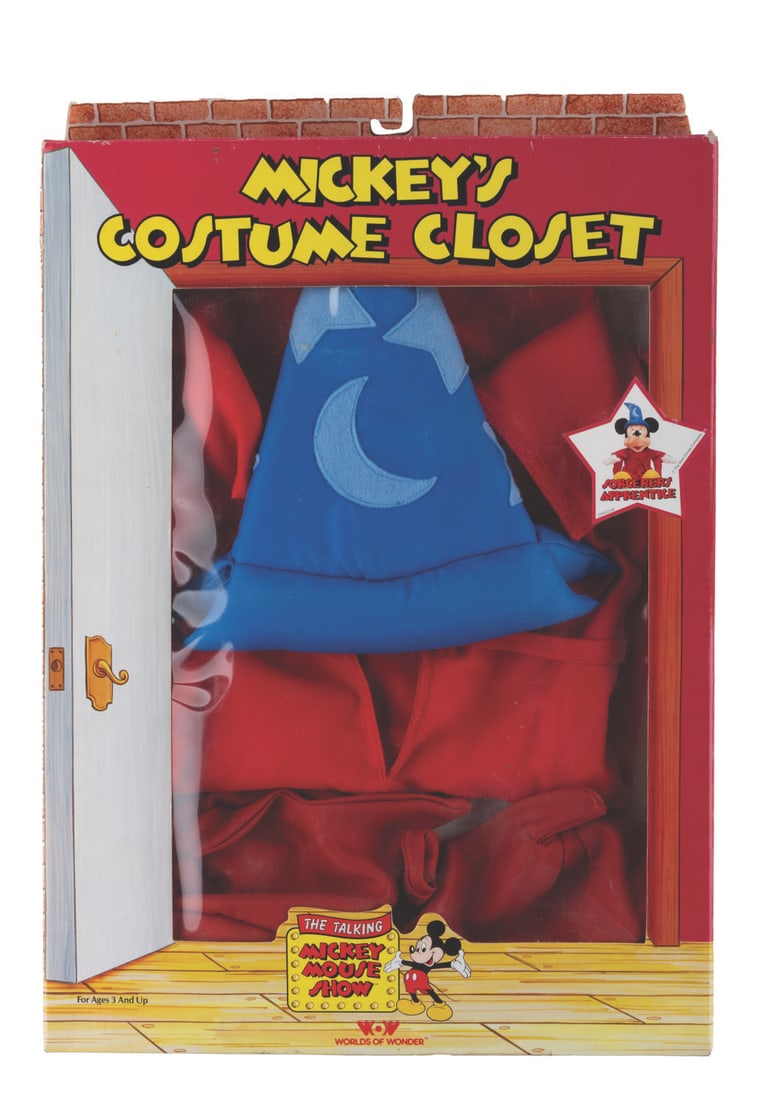 A Talking Mickey Sorcerer's Apprentice Costume.: (World of Wonder, 1986) A Mickey's Costume Closet Sorcerer's Apprentice costume made for World of Wonder's Talking Mickey Mouse toy. The costume is in very good condition, with the box in good conditi