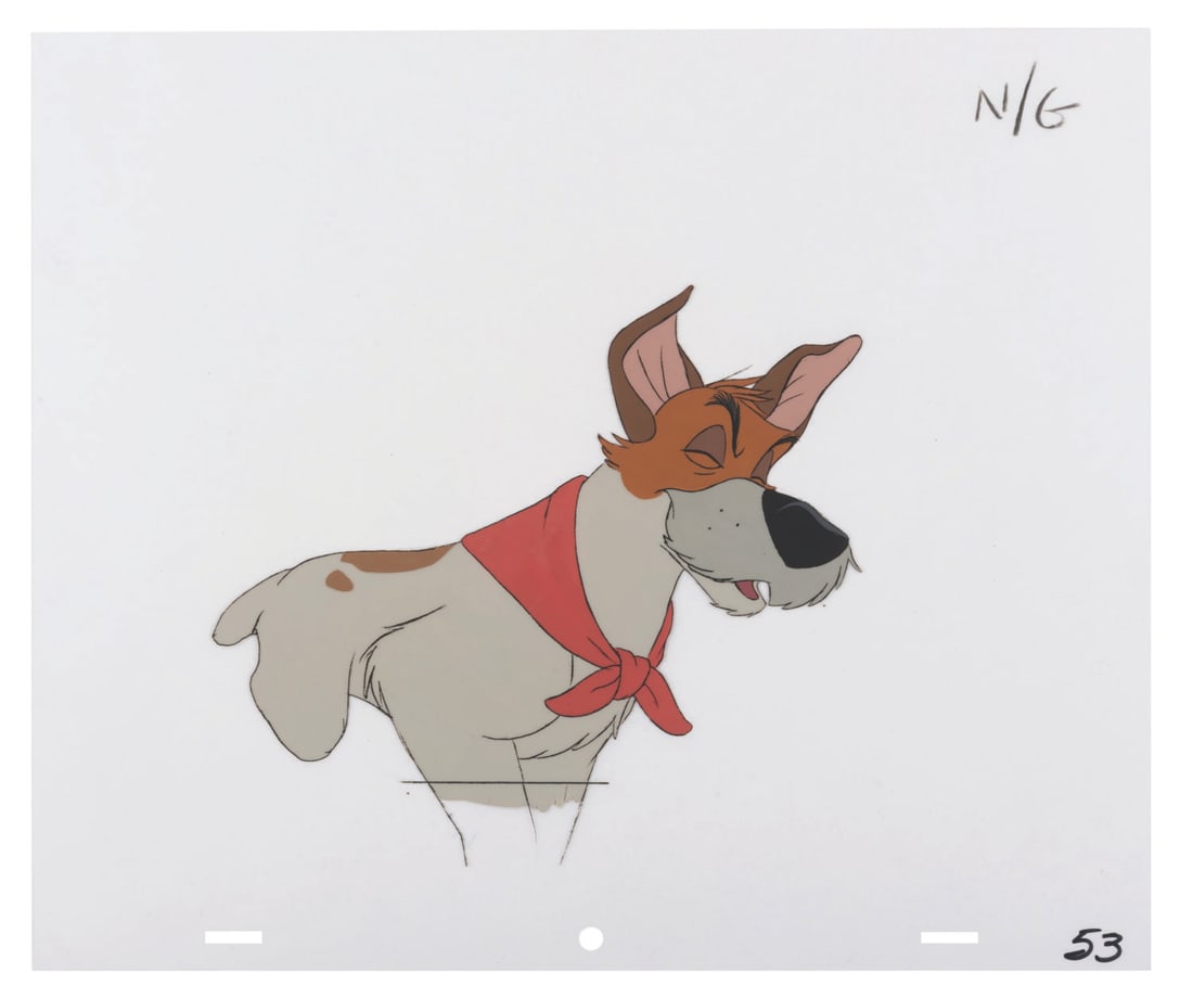 An "Oliver & Company" Production Cel.: (Disney, 1988) An original production cel of Dodger from "Oliver & Company." The hand-painted cel was mistakenly painted with the wrong color, as is indicated by the "N/G" written on the top corner.
