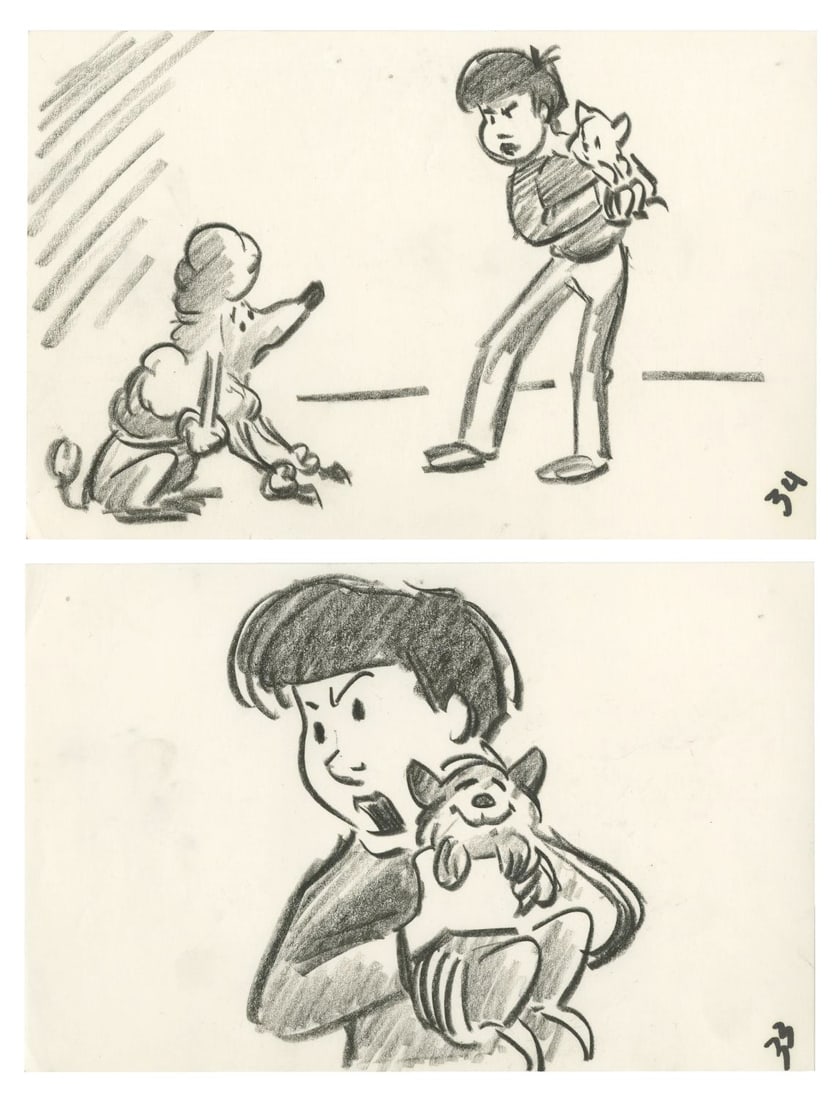 A Pair of "Oliver & Company" Storyboard Drawings.: (Disney, 1988) A pair of original storyboard drawings from "Oliver & Company." These panels are from the same scene and feature Oliver, Georgette, and Jenny Foxworth. Accomplished in black conte on