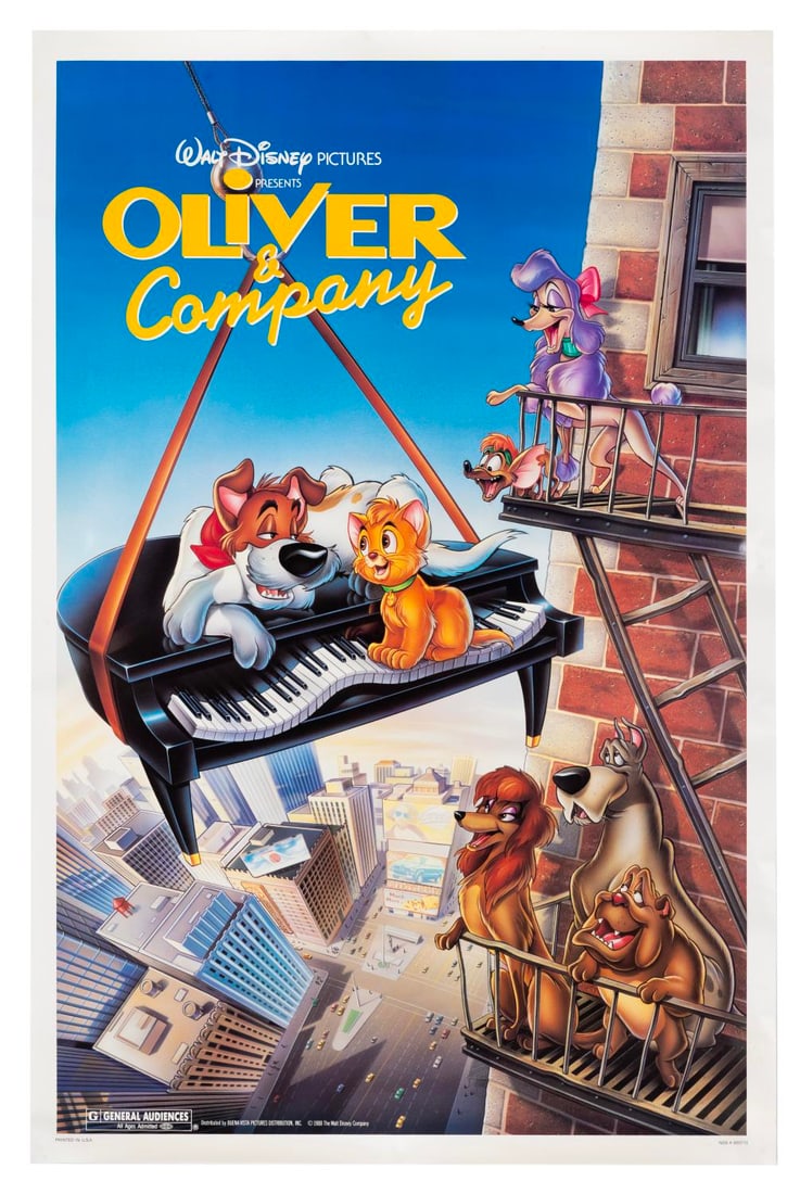 An "Oliver & Company" One-Sheet.: (Disney, 1988) An original one-sheet for Walt Disney Pictures' "Oliver & Company." Measuring 27" x 41", the rolled poster is in good condition with light handling wear, and spotting along the edges