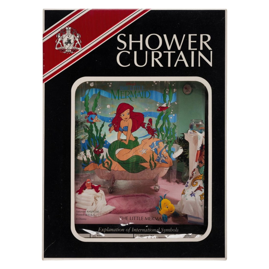 A "The Little Mermaid" 1990s Vinyl Shower Curtain.: (Disney, 1990s) A shower curtain of "The Little Mermaid" featuring Ariel and her underwater friends. Measuring 72" wide, the curtain is in very good condition with minor wear from age and handling.