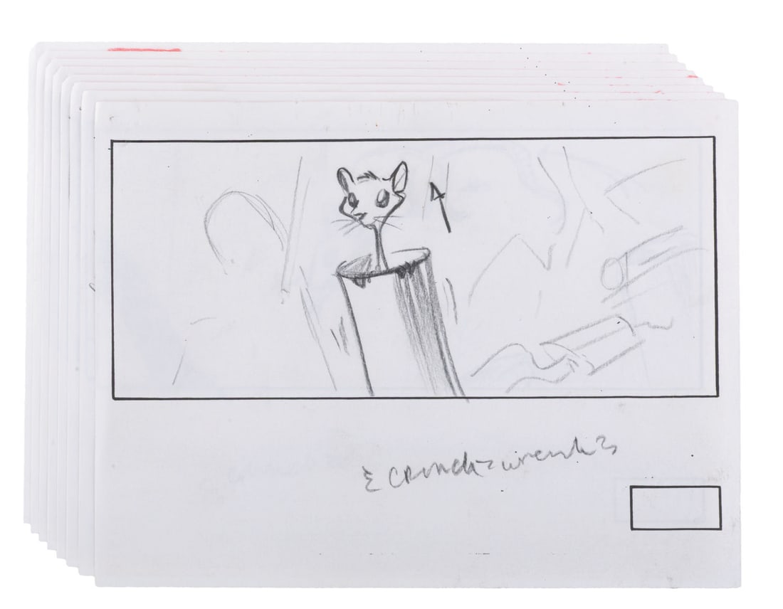 A Set of "The Rescuers Down Under" Storyboard Drawings.: (Disney, 1990) Eight original storyboard drawings from "The Rescuers Down Under" depicting mice sending word of Cody's plight across the globe. The 3.5" x 8" drawings are accomplished in pencil on