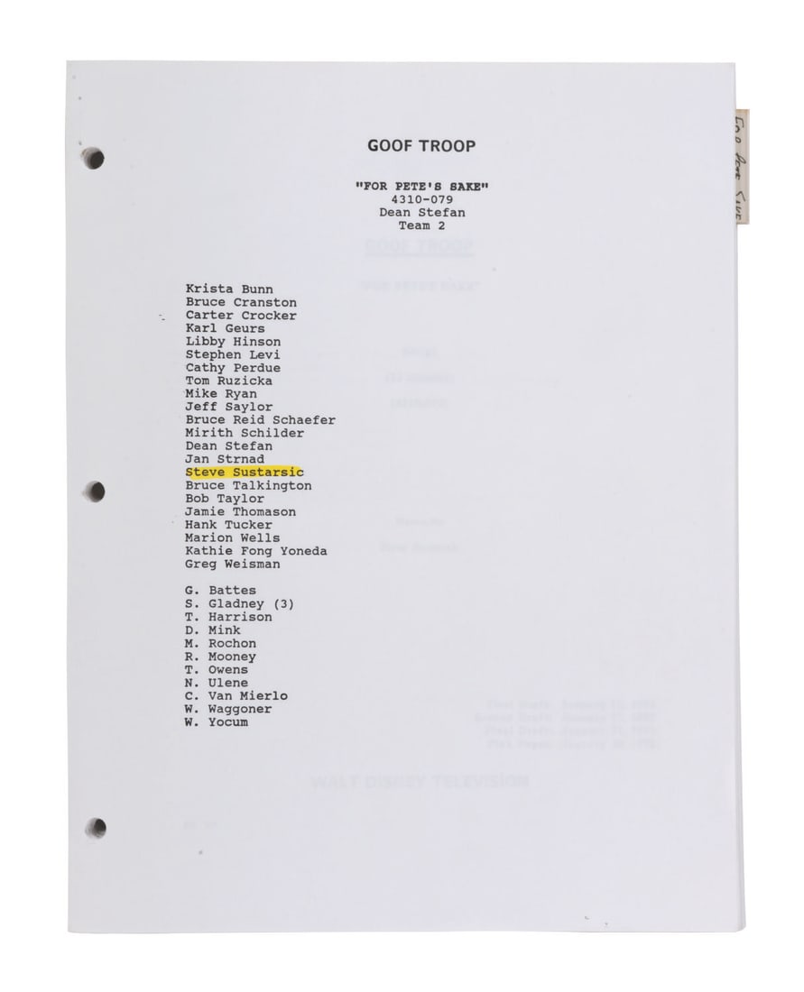 A "Goof Troop" Script with Development Package.: (Disney, 1991-92) A "Goof Troop" script pack for season one episode 44 "For Pete's Sake." Included are three Story Premise outlines, a memo suggesting family-friendly revisions, a Story "Beat"