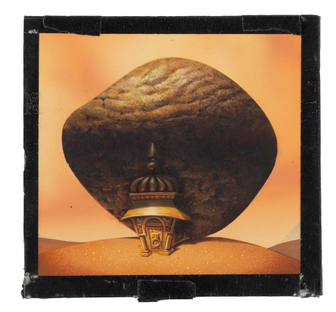 An "Aladdin" Cave of Wonders Background Color Key Painting.: (Disney, 1992) An original background color key concept painting for "Aladdin." This hand-painted concept by background artist Robert Stanton features an early rendering for the entrance of the Cave