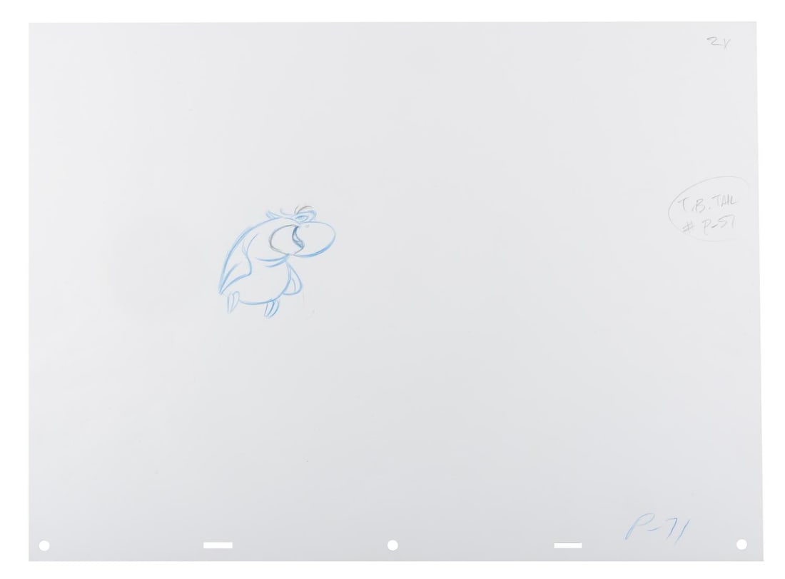 An "Aladdin" Iago Production Drawing.: (Disney, 1992) An original production drawing of Iago from "Aladdin." With a character image size of 6" x 8" on 17" x 12.5" animation paper, the color pencil drawing is in very good condition with