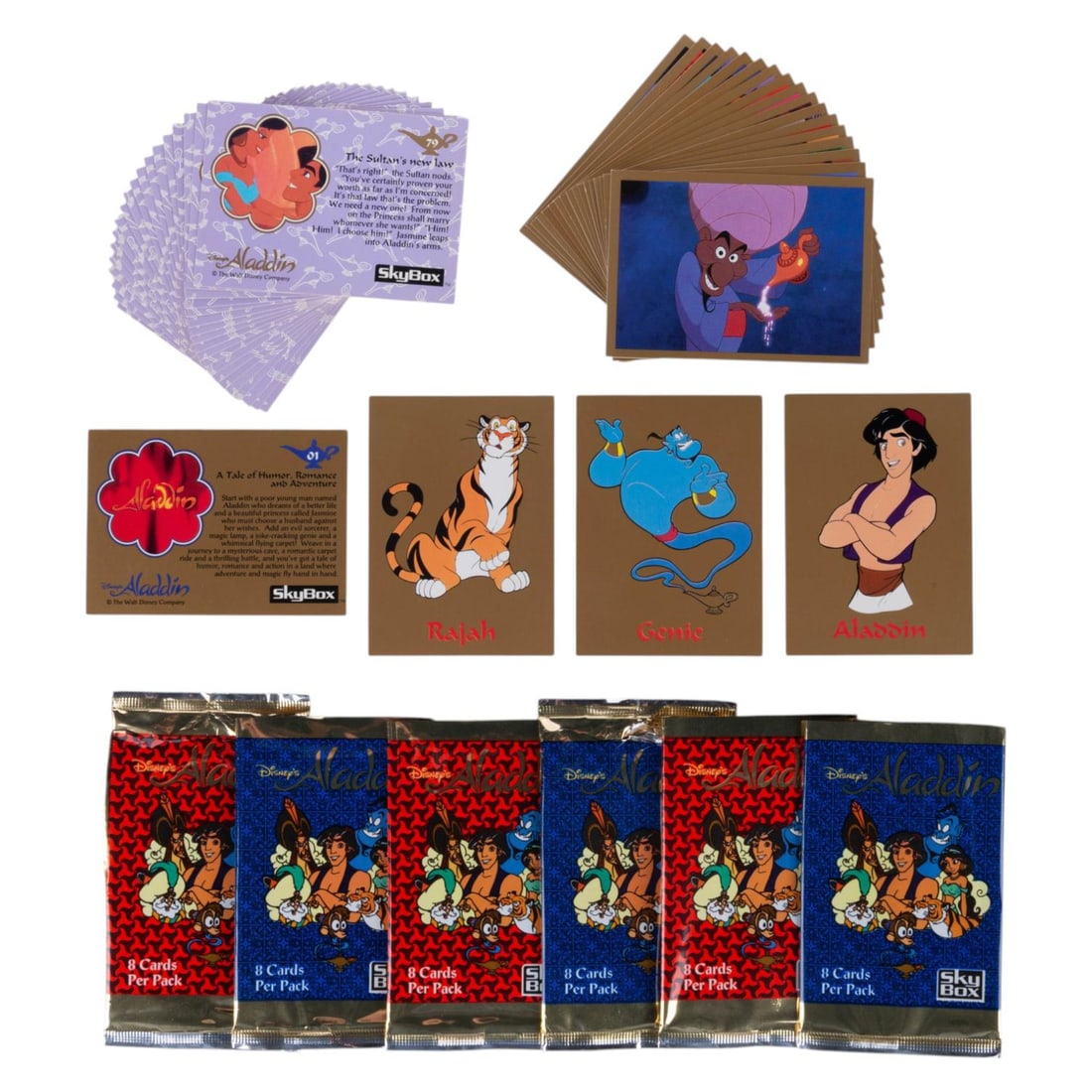 A Collection of "Aladdin" Skybox Trading Cards.: (Skybox, 1993) A collection of 48 "Aladdin" trading cards with three duplicates. Included are six opened and empty foil packages. Measuring 2.5" x 3.5" each, the cards are in very good to fine