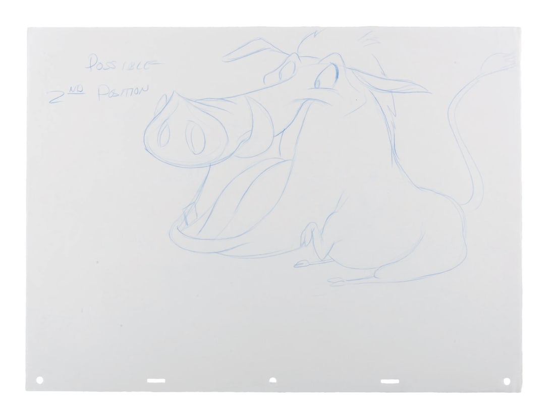 A "The Lion King" Pumbaa Development Drawing.: (Disney, 1994) An original development drawing of Pumbaa from "The Lion King." With an image size of 9.25" x 12.75" on 12.5" x 17" animation paper, the drawing is in very good condition with light