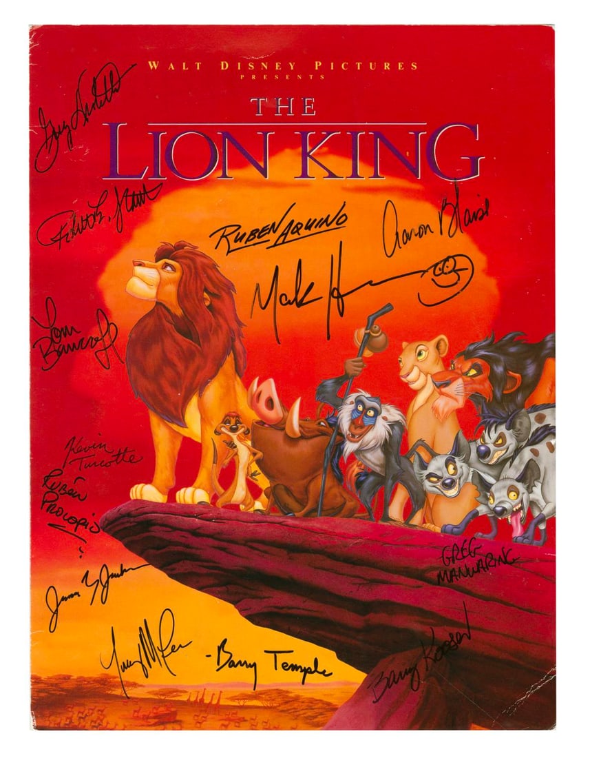 A "The Lion King" Program Signed by Thirteen Crew Members.: (Disney, 1994) An original theatrical release program for "The Lion King." Featuring vibrant imagery from the film, the program was signed by thirteen animation crew members including Ruben Aquino, Ma