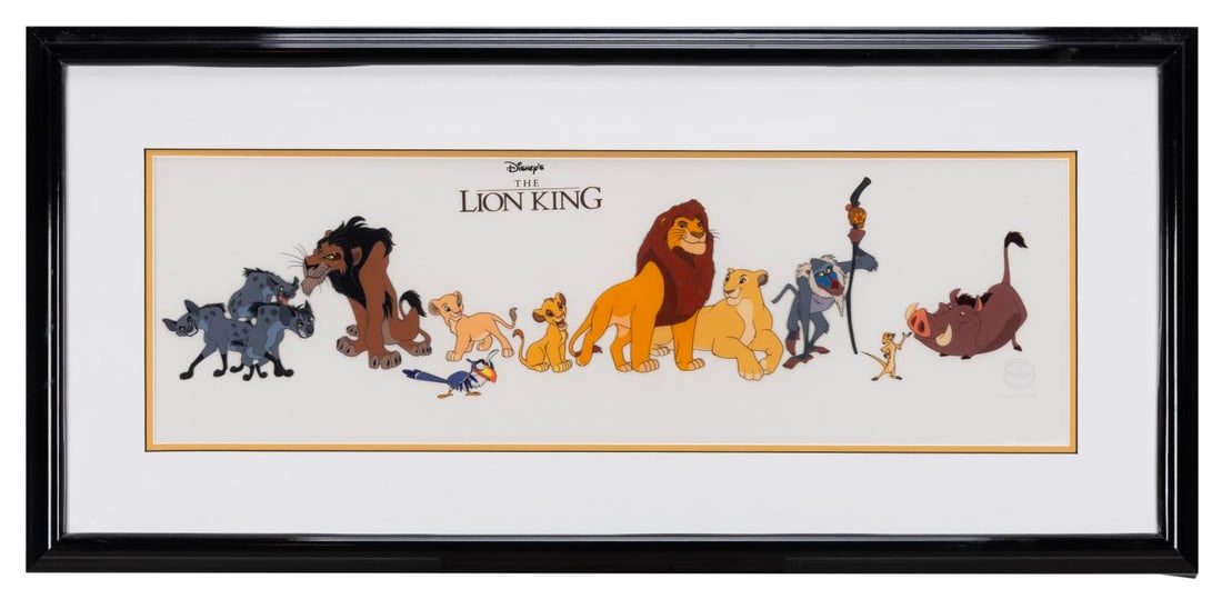 A "The Lion King" Cast of Characters Sericel.: (Disney, 1994) A "The Lion King" sericel titled "Cast of Characters," released in a limited edition of 5000. Measuring 18.5" x 39.5", the matted cel is in fine condition with very light wear to the