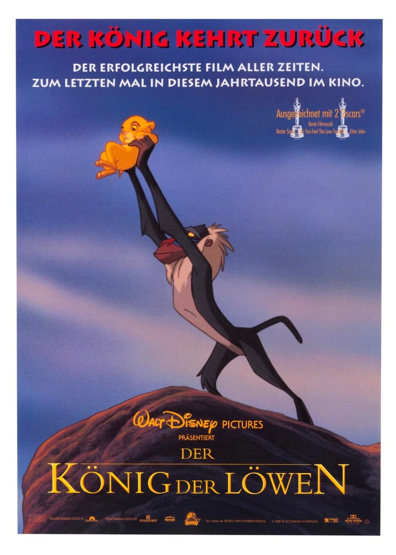 A German "The Lion King" Re-release Movie Poster.: (Disney, 1990s) A poster for "The Lion King" re-release in Germany "for the last time this millenium." Measuring 11.75" x 16.5" the poster is in very good condition.