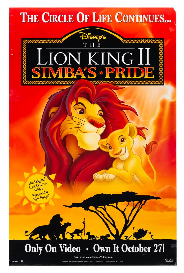 A "The Lion King II: Simba's Pride" Poster.: (Disney, 1998) A "The Lion King II: Simba's Pride" direct-to-video poster. Measuring 26" x 40", the poster is in good condition with creasing, edge wear, and a tape-repaired tear to the lower right