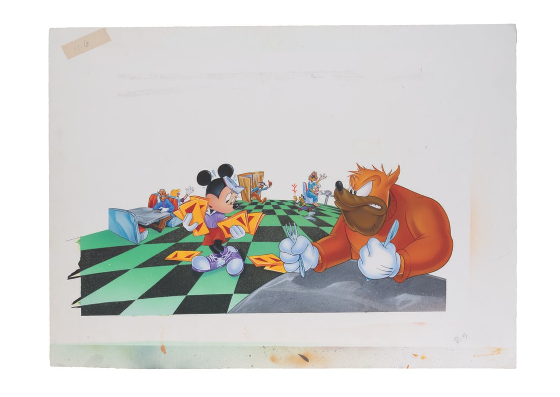 A Mickey's Diner Minnie Mouse Original Book Painting.: (Random House, 1995) An original painting for an illustration in the Mickey's Diner Activity Storybook of Minnie dropping menus. Measuring 17" x 23" overall, with the character image measuring 7.25"