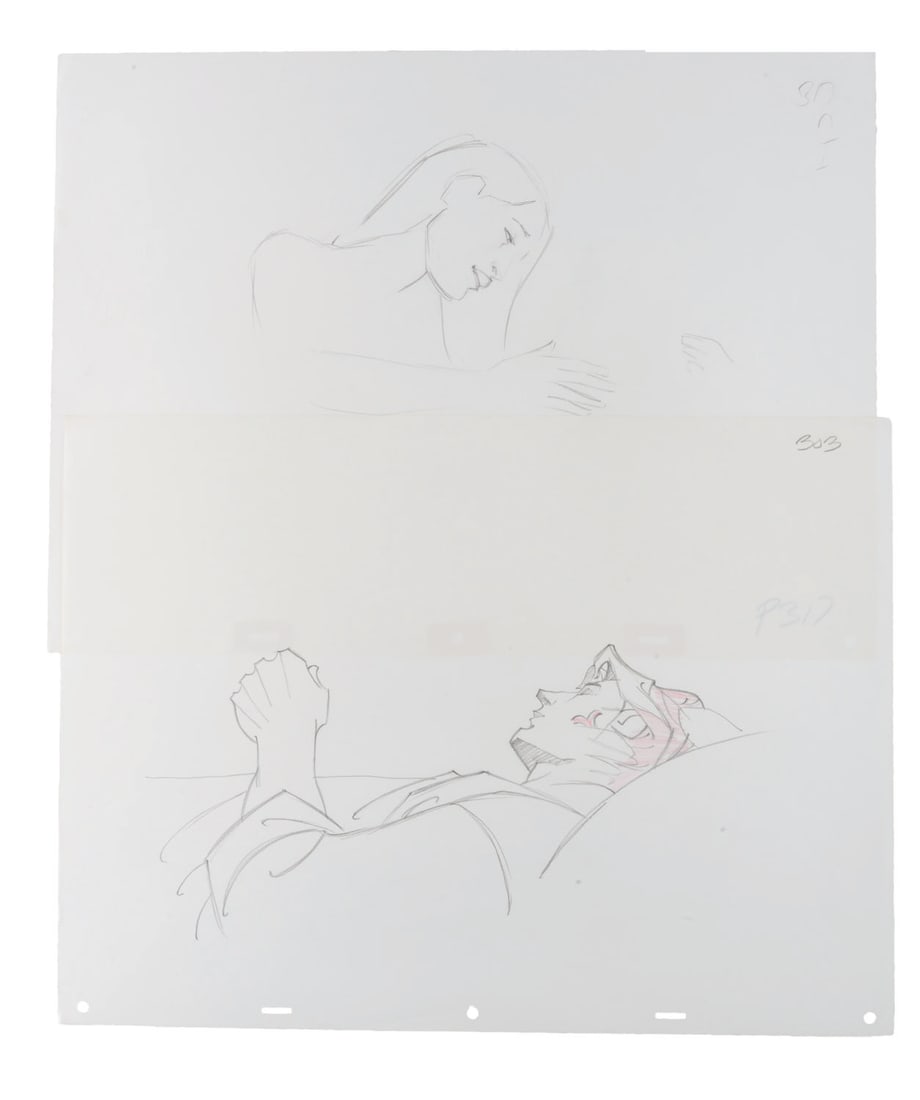 A Pair of "Pocahontas" Production Drawings.: (Disney, 1995) A pair of original production drawings of Pocahontas and John Smith from the final scenes of "Pocahontas." Measuring 12.5" x 17" each, the graphite and color pencil drawings are in